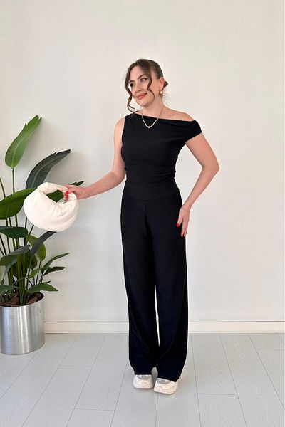 MaziButik Off Shoulder Double Suit Black