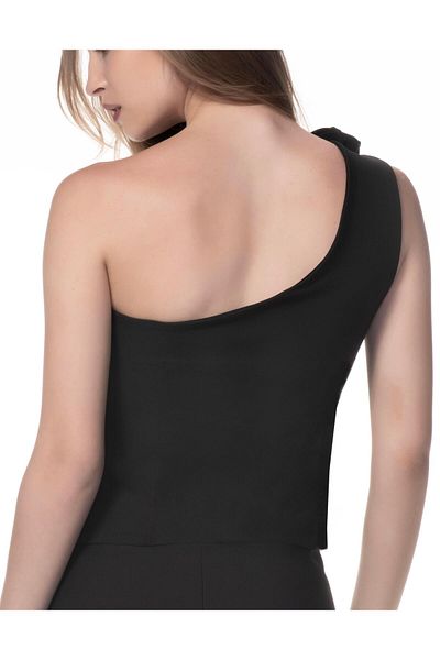 Appleline Women's Fit Mold Single Shoulder Rose Detailed Crop Black Vest