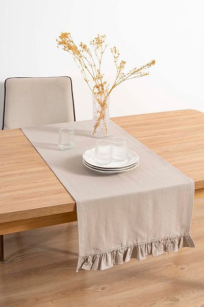 Rivaİstanbul Ruffle Beige Frilly 100% βαμβακερό ακατέργαστο λινό Runner 50x130 cm