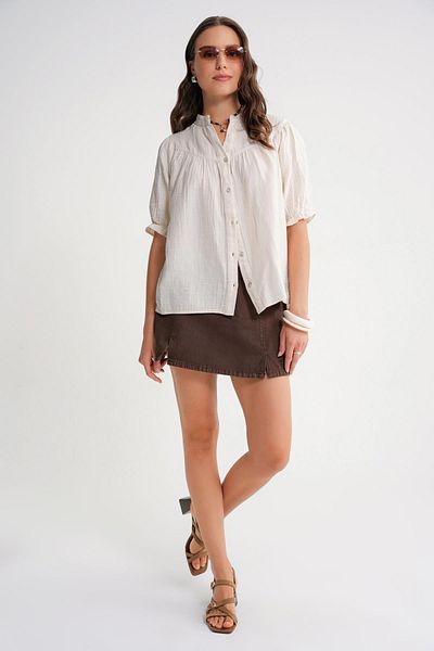 Mixray 4725 Women's Gathered Sleeve Ruffled Muslin Shirt Natural
