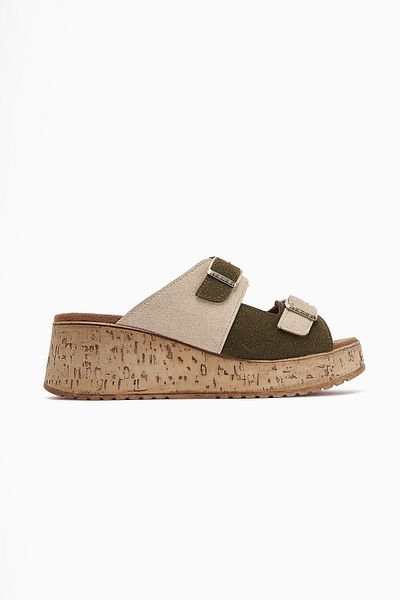 Limoya Samina Khaki Double Striped Wedge Heeled Women's Slippers