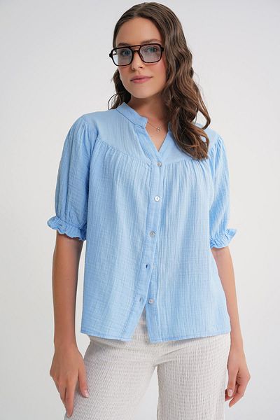 Mixray 4725 Women's Drawstring Sleeve Ruffled Muslin Shirt Baby Blue