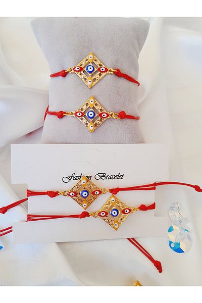 Minnoş Dükkan Red Leather Rope Bracelet with Evil Eye Beads