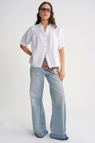 Mixray 4725 Women's Drawstring Sleeve Ruffled Muslin Shirt White
