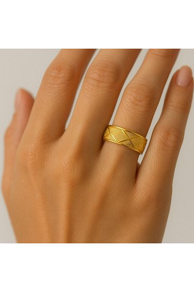BY YASİN TOPÇU Geometric Textured Steel Ring – Size 16