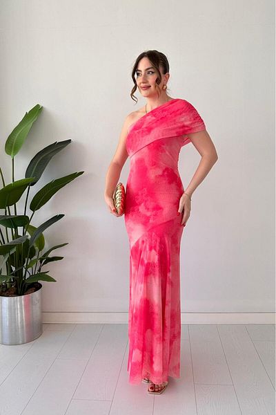 MaziButik One Shoulder Tulle Dress Pink