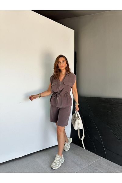 Zerrincan Giyim Coffee Vest Zippered Shorts Suit
