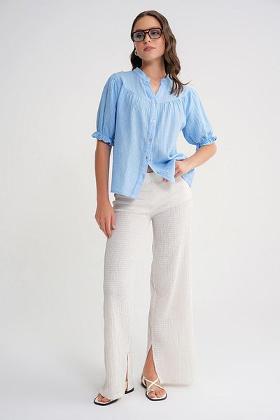 Mixray 4725 Women's Drawstring Sleeve Ruffled Muslin Shirt Baby Blue
