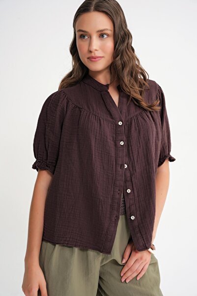 Mixray 4725 Women's Drawstring Sleeve Ruffled Muslin Shirt Brown