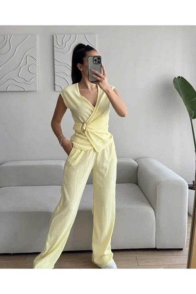 aytenli Double Breasted Collar Side Buckle Top Size Lace up Pocket Palazzo Trousers Wrinkle Suit