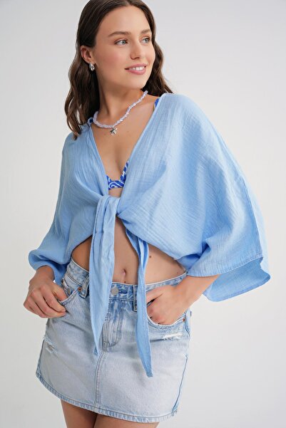 Mixray 4723 Kadın Önü Bağlamalı Bolero Bluz Bebe Mavi