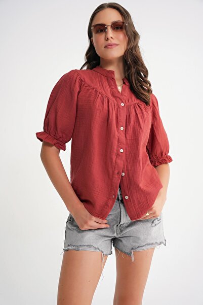 Mixray 4725 Women's Gathered Robe Sleeve Ruffled Muslin Shirt Cranberry