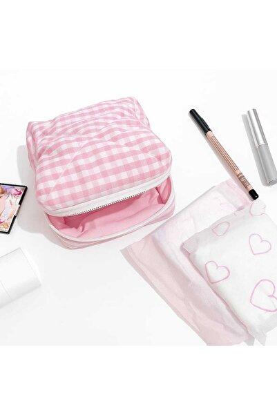 1çokşey Pembe Pötikare Kapitone Ped ve Makyaj Çantası - Elyaf Dolgulu, Astarlı, Yumuşak Form