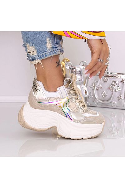 mei Women's Platform Sneakers 9157-2 Beige-Gold