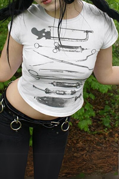 BALİNA Set de tratament alb Gothic Y2K cu mâneci scurte -ALH