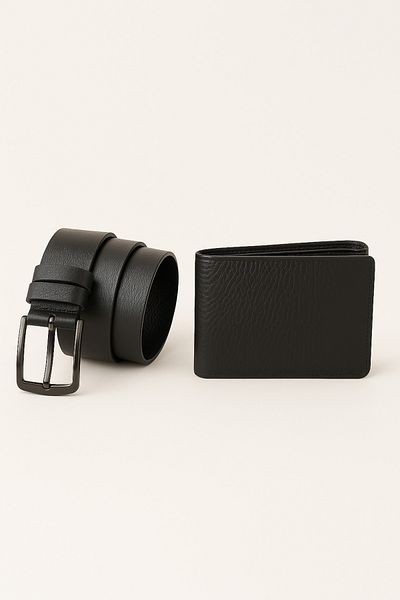 Çantacım Men's Belt and Men's Wallet Set Genuine Leather Black