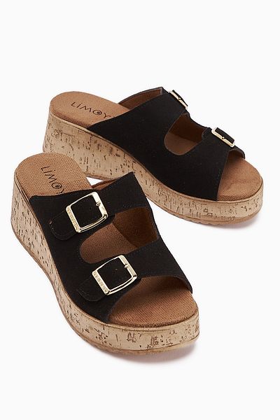 Limoya Samina Black Double Striped Wedge Heeled Women's Slippers