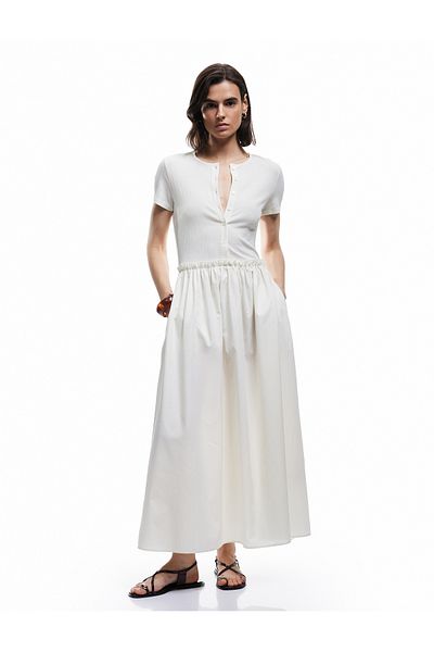 Koton Short Sleeve Crew Neck Button Pocket Midi Length Flared Poplin Dress