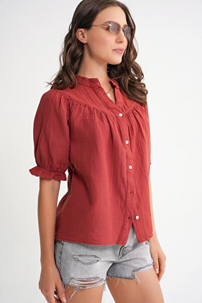 Mixray 4725 Women's Gathered Robe Sleeve Ruffled Muslin Shirt Cranberry