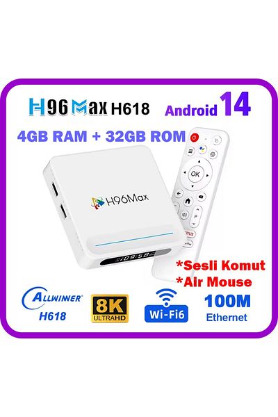 h96max H618 Plus 8K Android 14.0 TV Box 4GB + 32GB مشغل الوسائط Air Mouse WiFi6 BT 5.4 Ethernet Voice Command