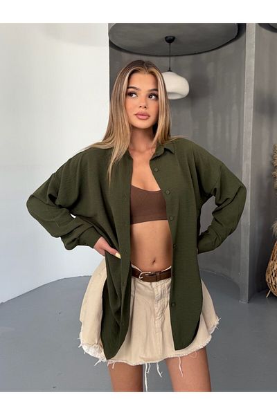 COMBİNE MİCHAİL Women's Khaki Oversize Linen Ayrobin Shirt