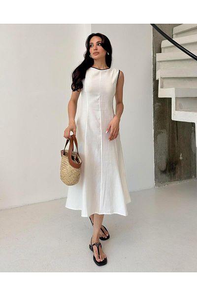 Serica Moda Ecru Crew Neck Midi Sleeveless Midi Dress