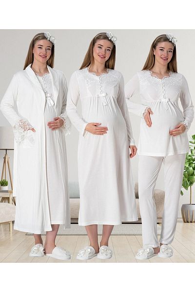 Mecit Pijama طقم نسائي للحوامل بأكمام طويلة مكون من أربع قطع 80% قطن، 20% فيسكوز