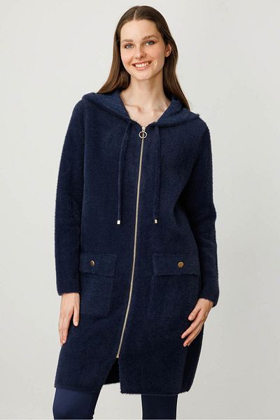 Desen Triko Women's Hooded Pocket Metal Button Aphrodite Knitwear Coat Navy Blue