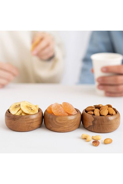 tios home 3-Piece Natural Wooden Presentation Bowl Snack Bowl Rustic Serving Bowls Round Diameter 9.5cm