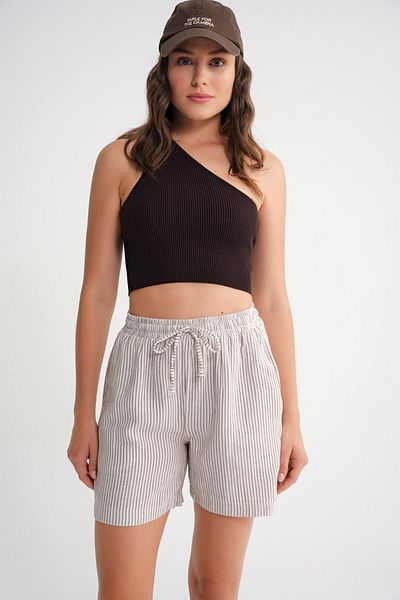 Mixray 4728 Women's Elastic Waist Striped Muslin Shorts Brown