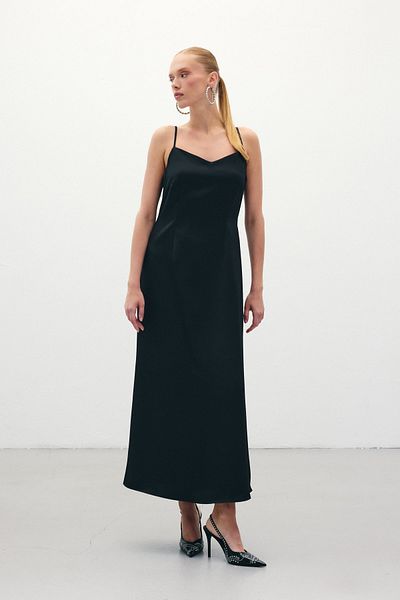Sateen Long Satin Dress with Straps - Black