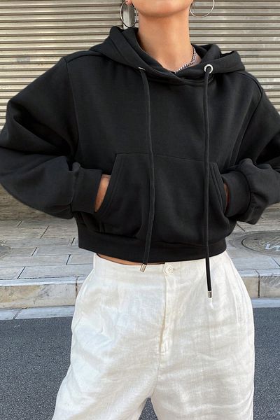 Tarz Cool Women's Black Basic Crop Cut Hooded Sweatshirt