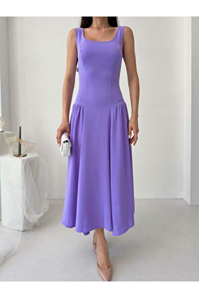 Serica Moda Lila Kare Yaka Gipeli Midi Elbise