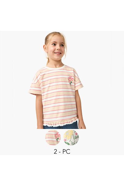 Juniors Floral Print T-shirt with Short Sleeves and Round Neck - Set of 2