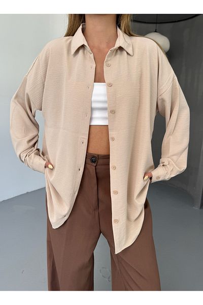 COMBİNE MİCHAİL Women's Beige Oversize Linen Ayrobin Shirt