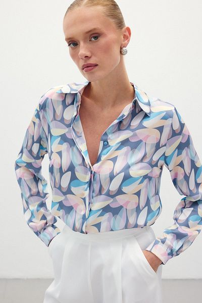 Sateen Patterned Long Shirt - Blue