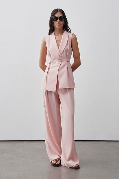 mathilda store Women's Powder Noir Waist Fitted Vest Palazzo Trousers Suit