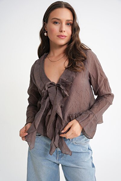 Mixray 4727 Γυναικεία μπλούζα με βολάν με γιακά καφέ