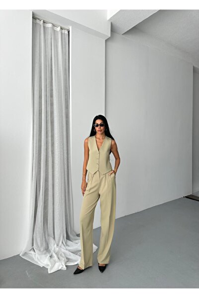 aytenli Double Fabric Bow Button Lined Vest Front Pleated Pocket Half Elastic Waist Wide Pants Suit