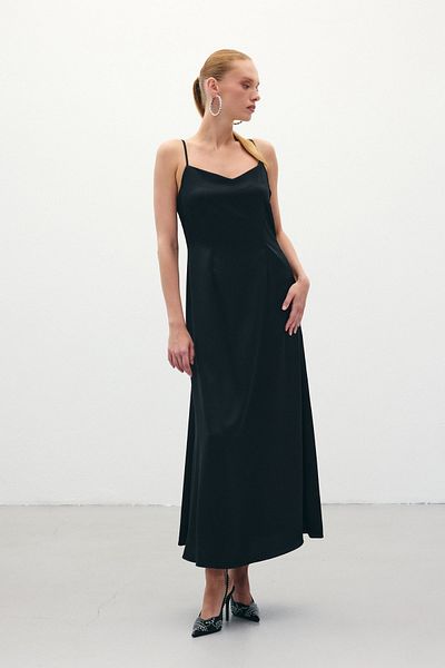 Sateen Long Satin Dress with Straps - Black