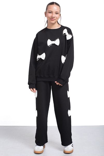 Cansın Mini Black Bow and Pearl Detailed Girls' Crew Neck 2-Piece Tracksuit Set 21205