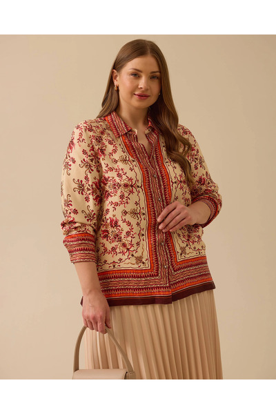 Gala-Xi Büyük Beden Çiçek Desenli Düğmeli Gömlek
