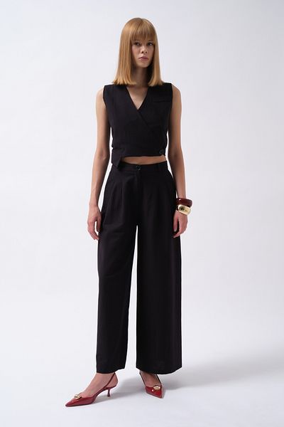Black Fashion Pleated Wide Leg Linen Black Trousers