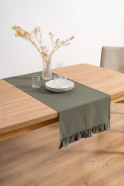 Rivaİstanbul Ruffle Khaki Frilly 100% βαμβακερό ακατέργαστο λινό Runner 50x130 cm