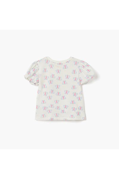 Juniors Butterfly Print Crew Neck T-shirt with Puff Sleeves