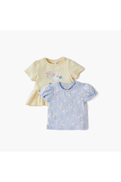 Juniors تي شيرت مطبوع برقبة دائرية وأكمام قصيرة - مجموعة من قطعتين