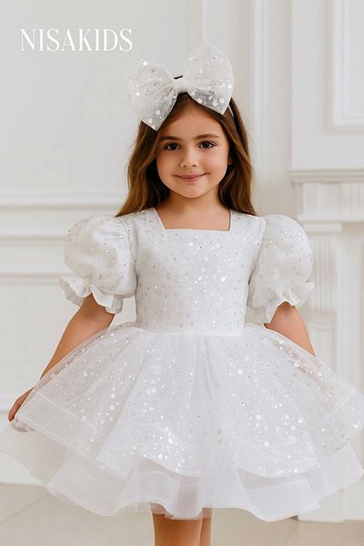 Nissa White Princess Sequined Evening Dress
