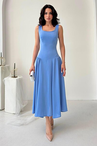 Serica Moda Bebe Mavi Kare Yaka Gipeli Midi Elbise