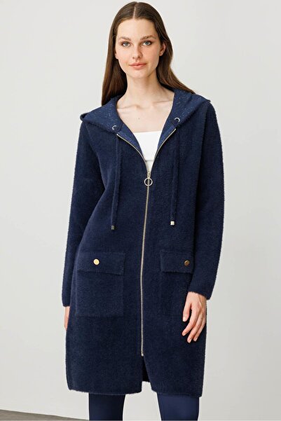 Desen Triko Women's Hooded Pocket Metal Button Aphrodite Knitwear Coat Navy Blue