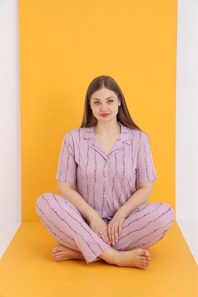 Butik Plus Size Buttoned Pajama Set Lilac